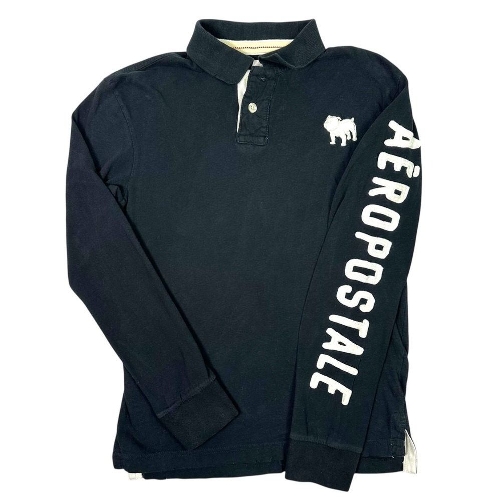 Aeropostale Men's Long Sleeve Polo Black Bulldog Graphic Logo Small - Picture 2 of 9